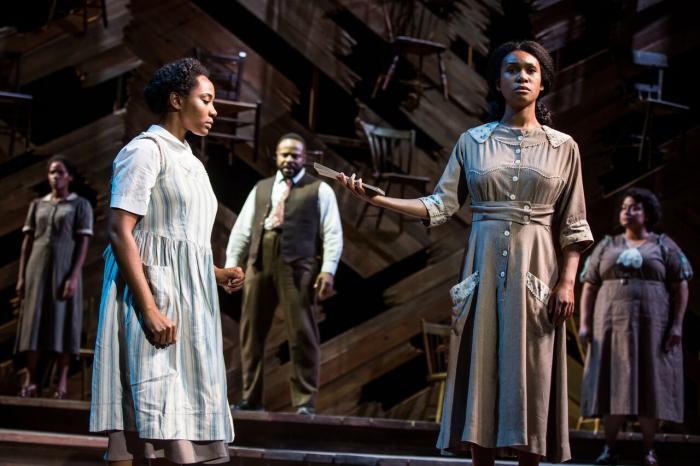 Bianca Horn (Ensemble/Church Lady), Adrianna Hicks (Celie), Gavin Gregory (Mister), N’Jameh Camara (Nettie)and Angela Birchett (Ensemble/Church Lady)and the North American tour cast of THE COLOR PURPLE. Photo by Matthew Murphy, 2017.